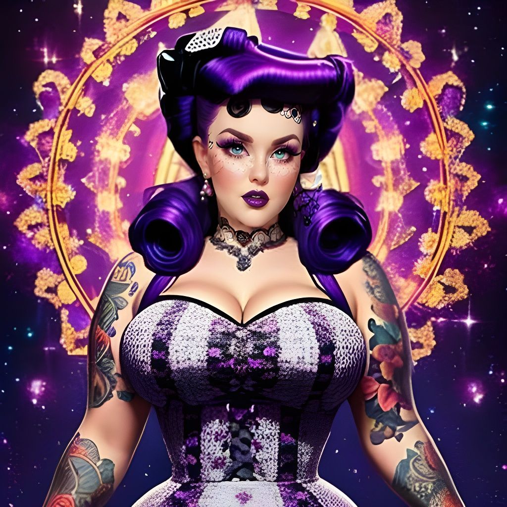 Plus-Size Rockabilly Bride with Purple Hair in Lace Dress