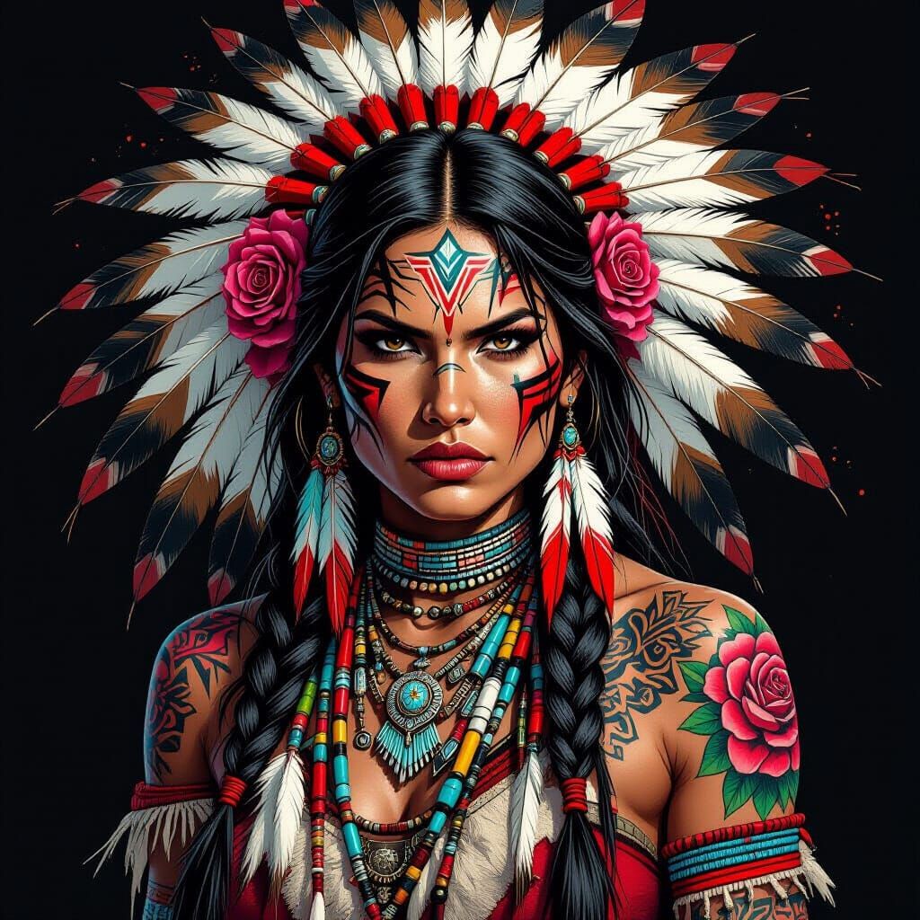 Fierce Tattooed Sioux Woman Warrior Portrait