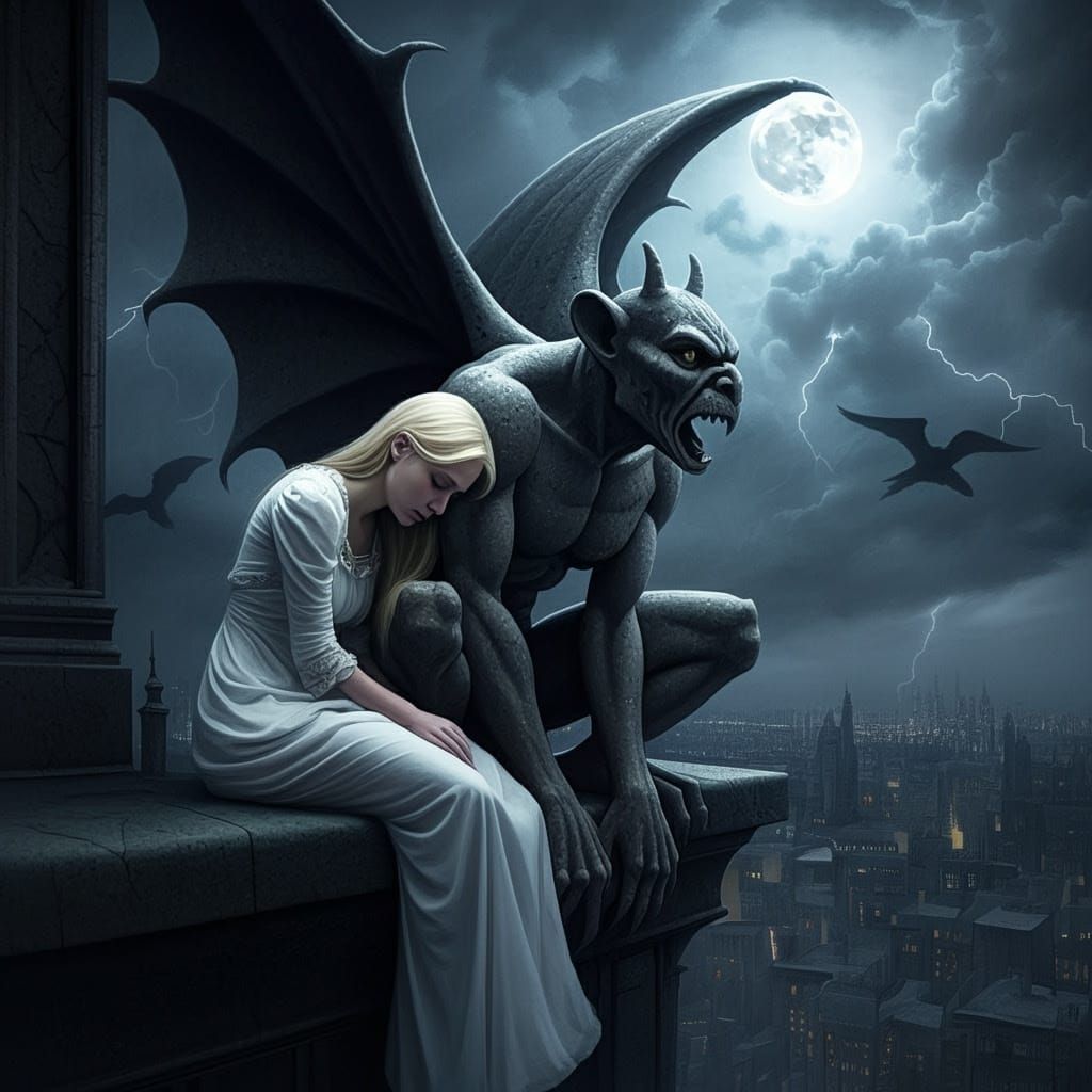 Gothic Gargoyle Comforts Woman in Ominous Cityscape