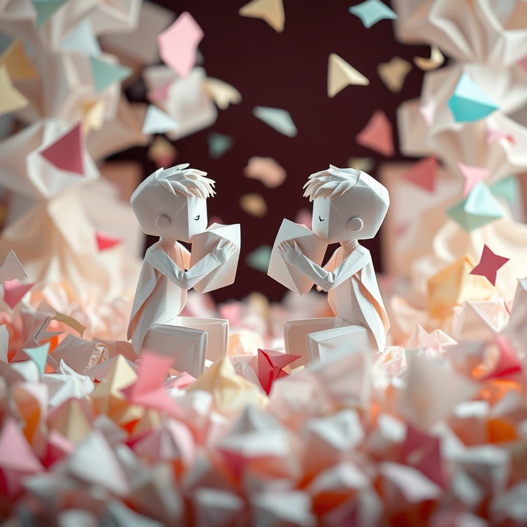 Whimsical Origami Pillow Fight in Dreamlike Pastel Hues