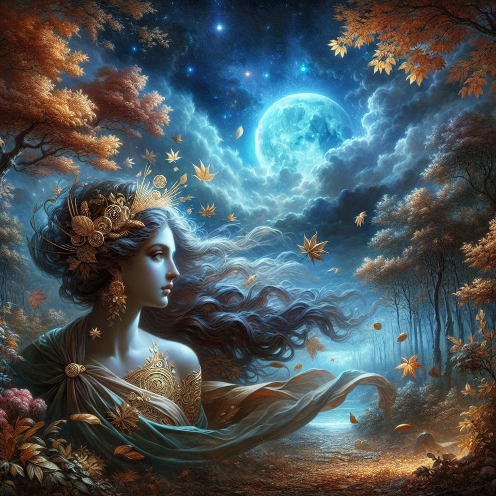 Grecian Lady in Forest Under Blue Moon