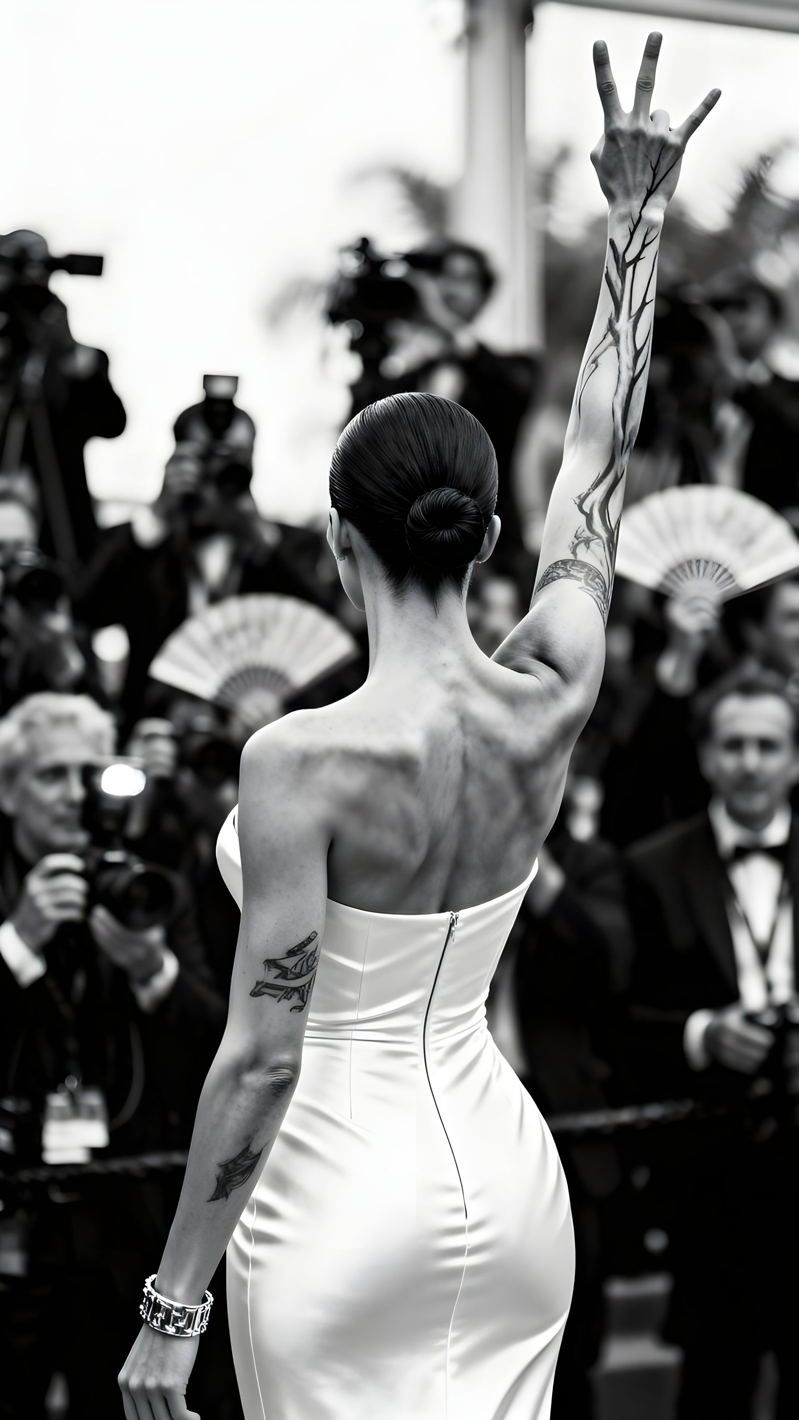 Woman in White Dress in Triumph, Striking Black and White