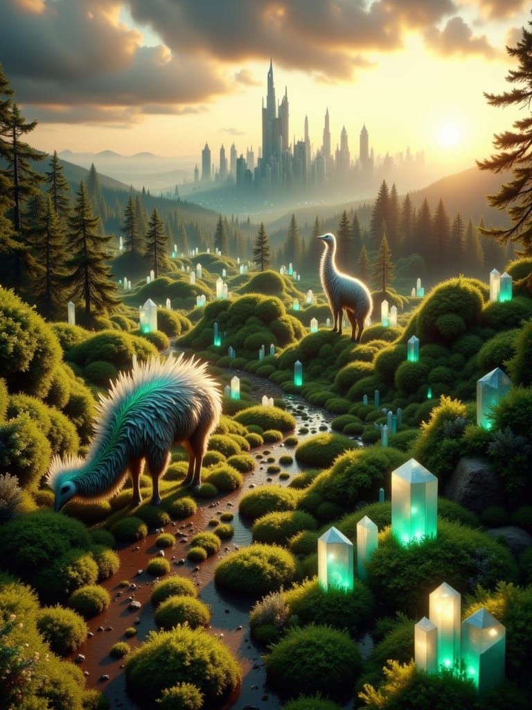 Surreal Alien Landscape with Glowing Crystals and Winding Pa...