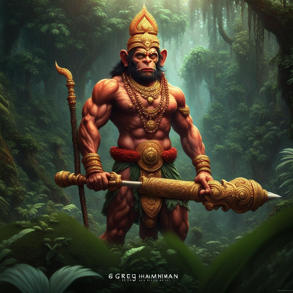 Fierce Hanuman with Gada in Jungle, Digital Art