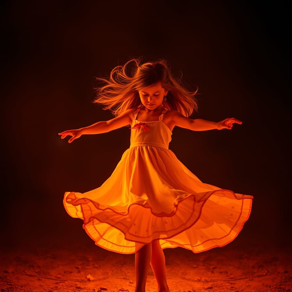 Girl Twirling in Firelight