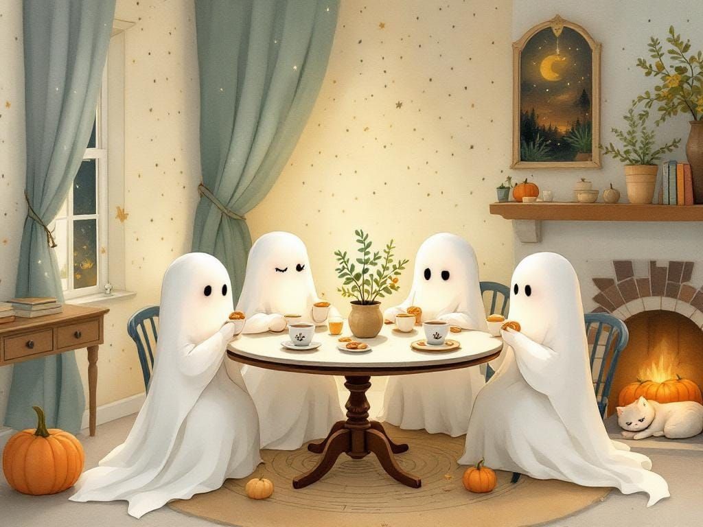 Whimsical Ghost Tea Party Illustration