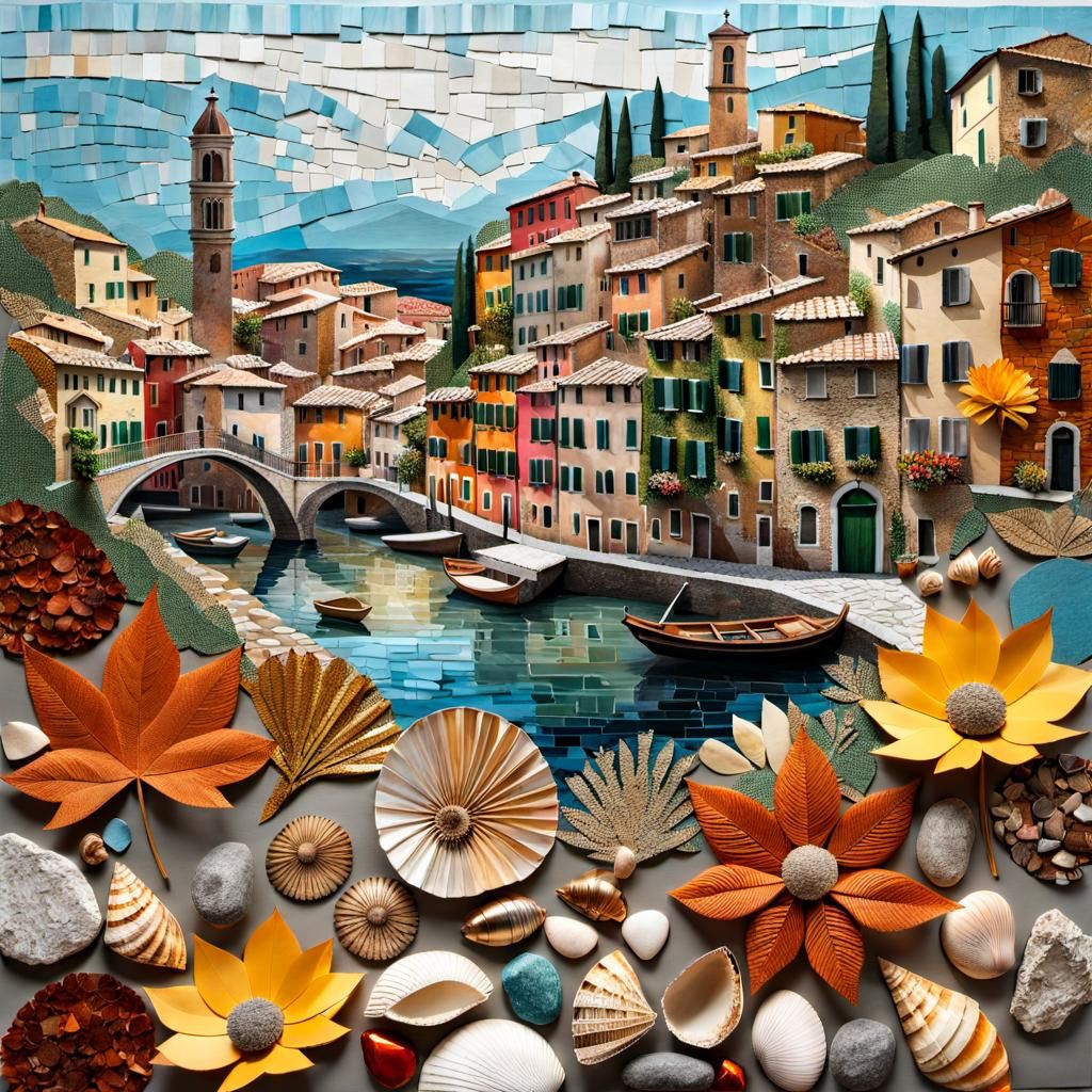Italian Town Landscape Collage with Mixed Media