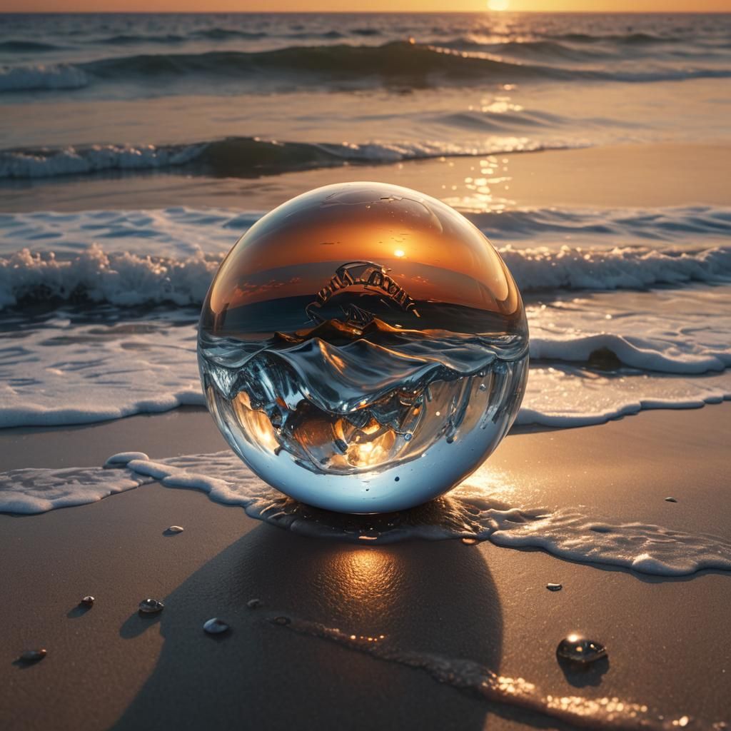 Glass Ball Reflects Jack Daniels Bottle at Sunset