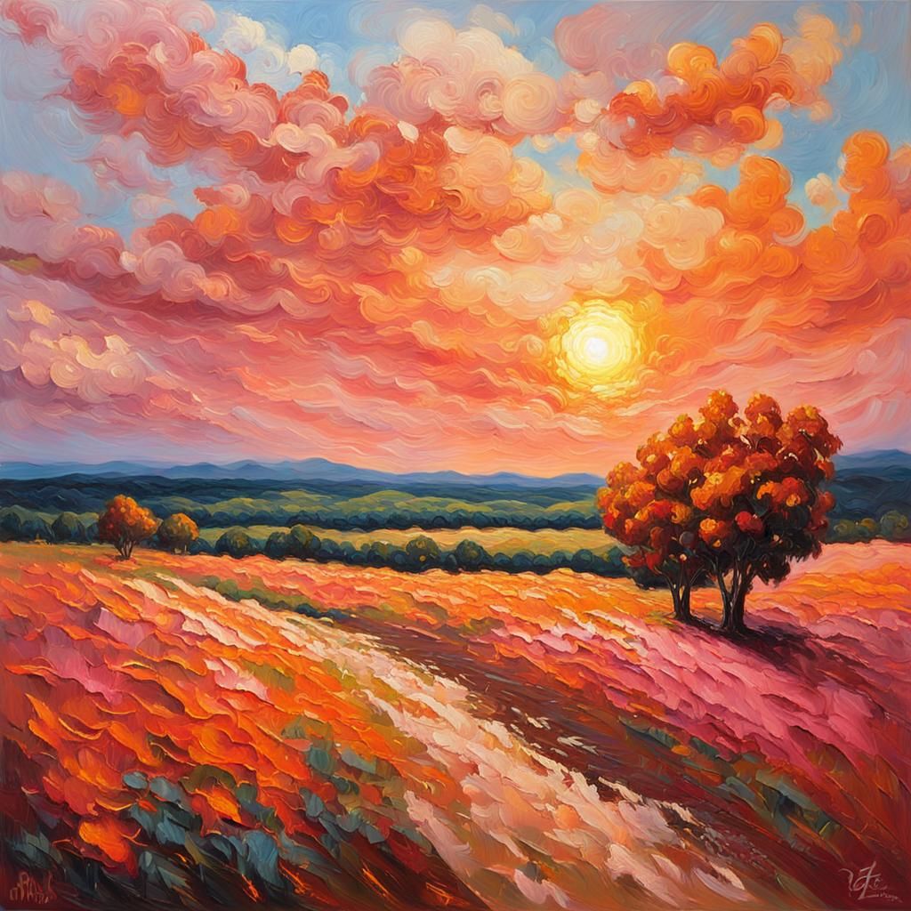 Expressionist Landscape Painting at Dawn in Impasto Style