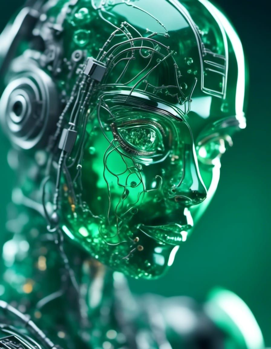 Green Glass Robot in Macro Closeup