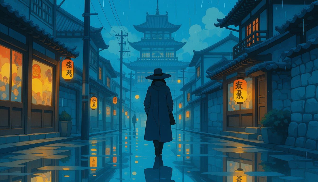 Rainy Street Scene Inspired by Studio Ghibli