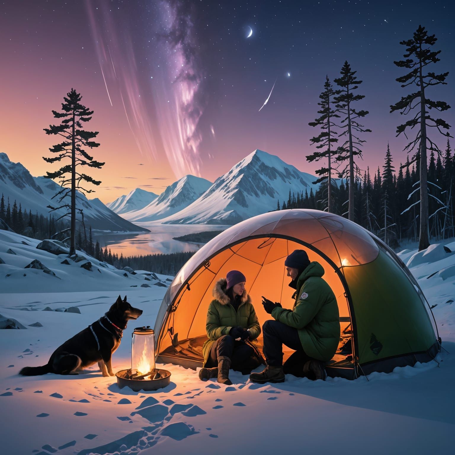 Winter Wonderland Camping Scene in Glass Dome under Starry A...