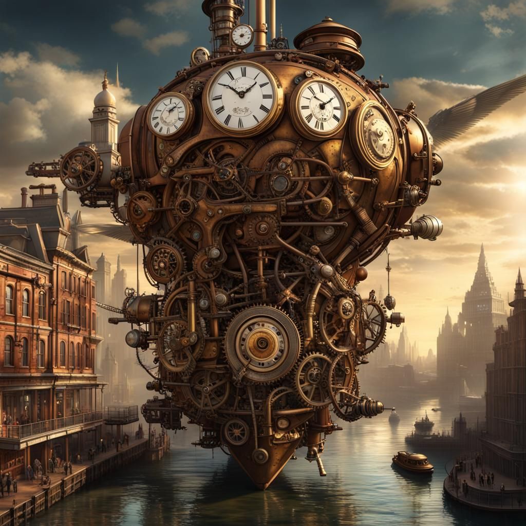 Steampunk Time Traveler in Victorian Metropolis