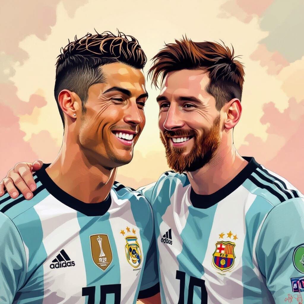 Ronaldo and Messi Share Friendly Smile in Pastel Tones