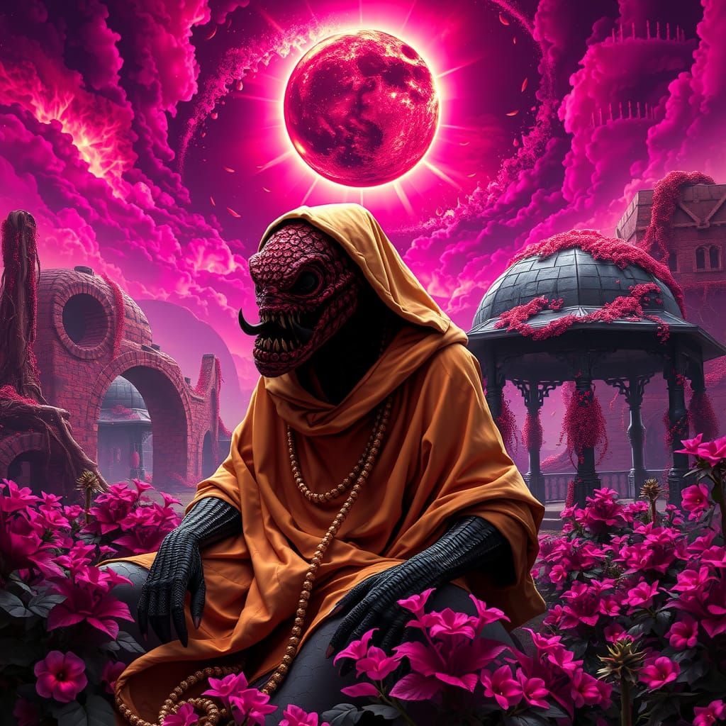 Lovecraftian Humanoid in a Surreal Garden