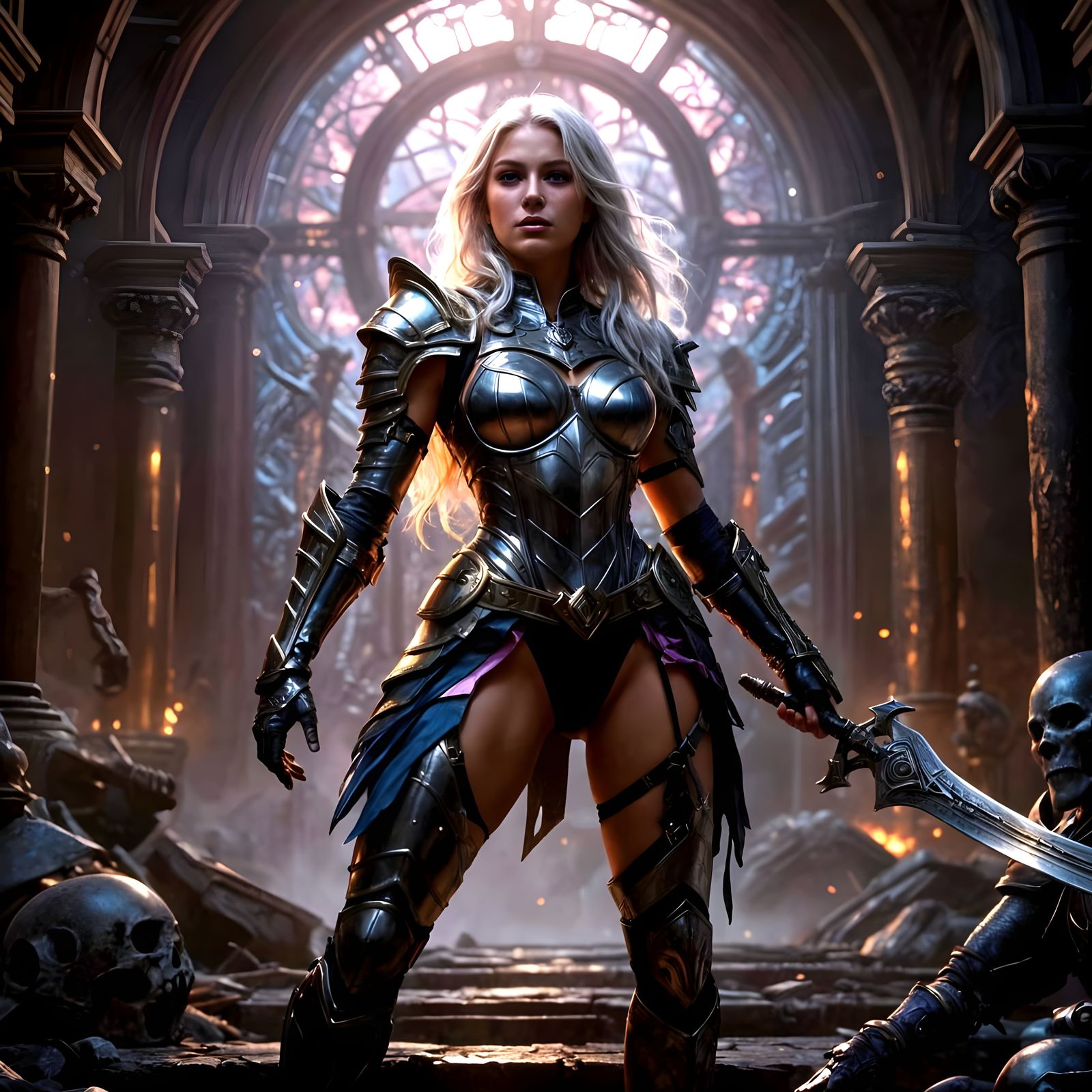 Hyperrealistic Portrait of a Female Warrior in Silver and Go...