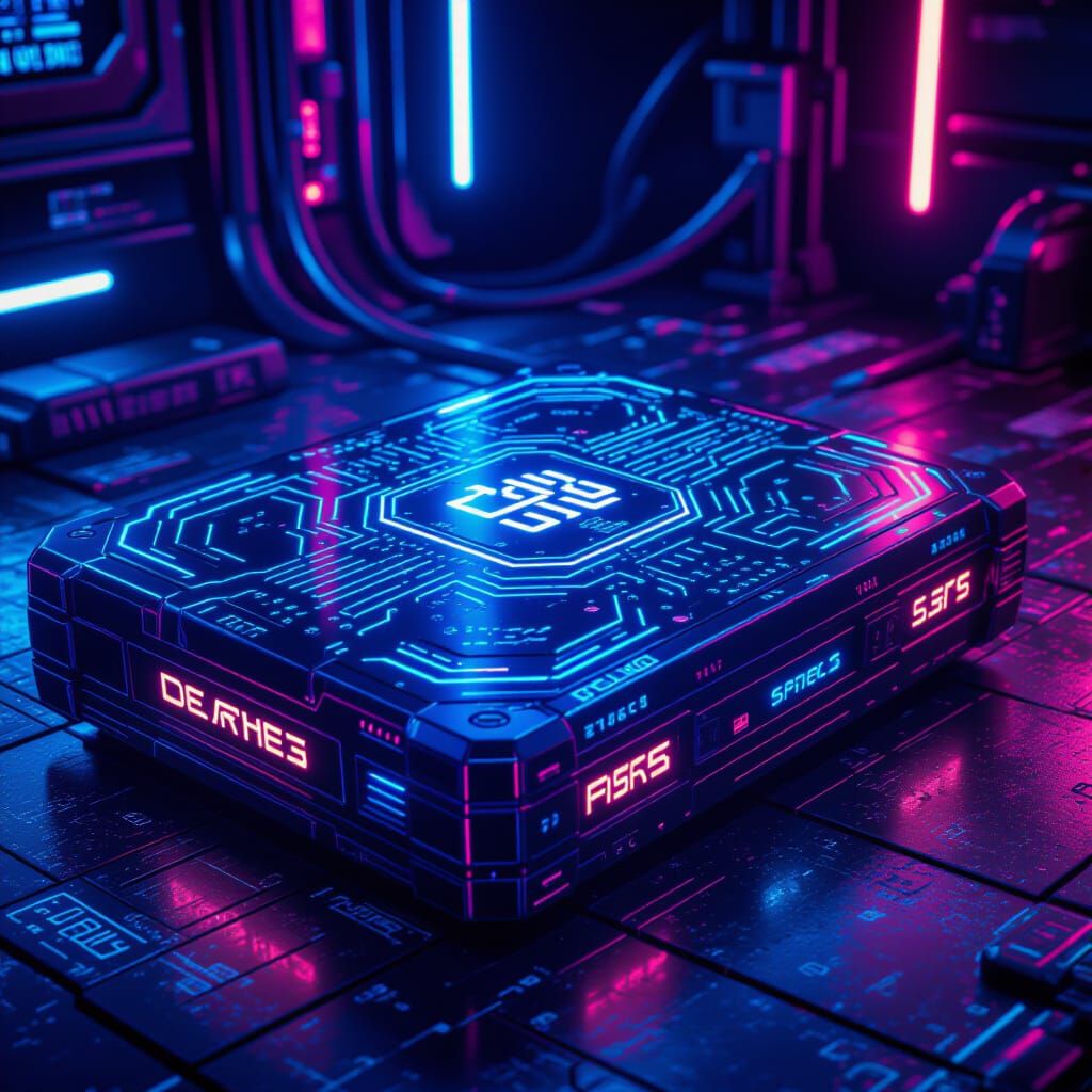 Futuristic Neon Video Game Box in Dystopian Sci-Fi Style
