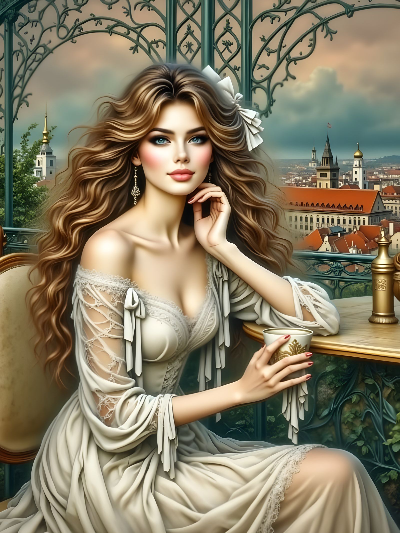 Elegant Woman Sips Coffee on Rooftop Balcony