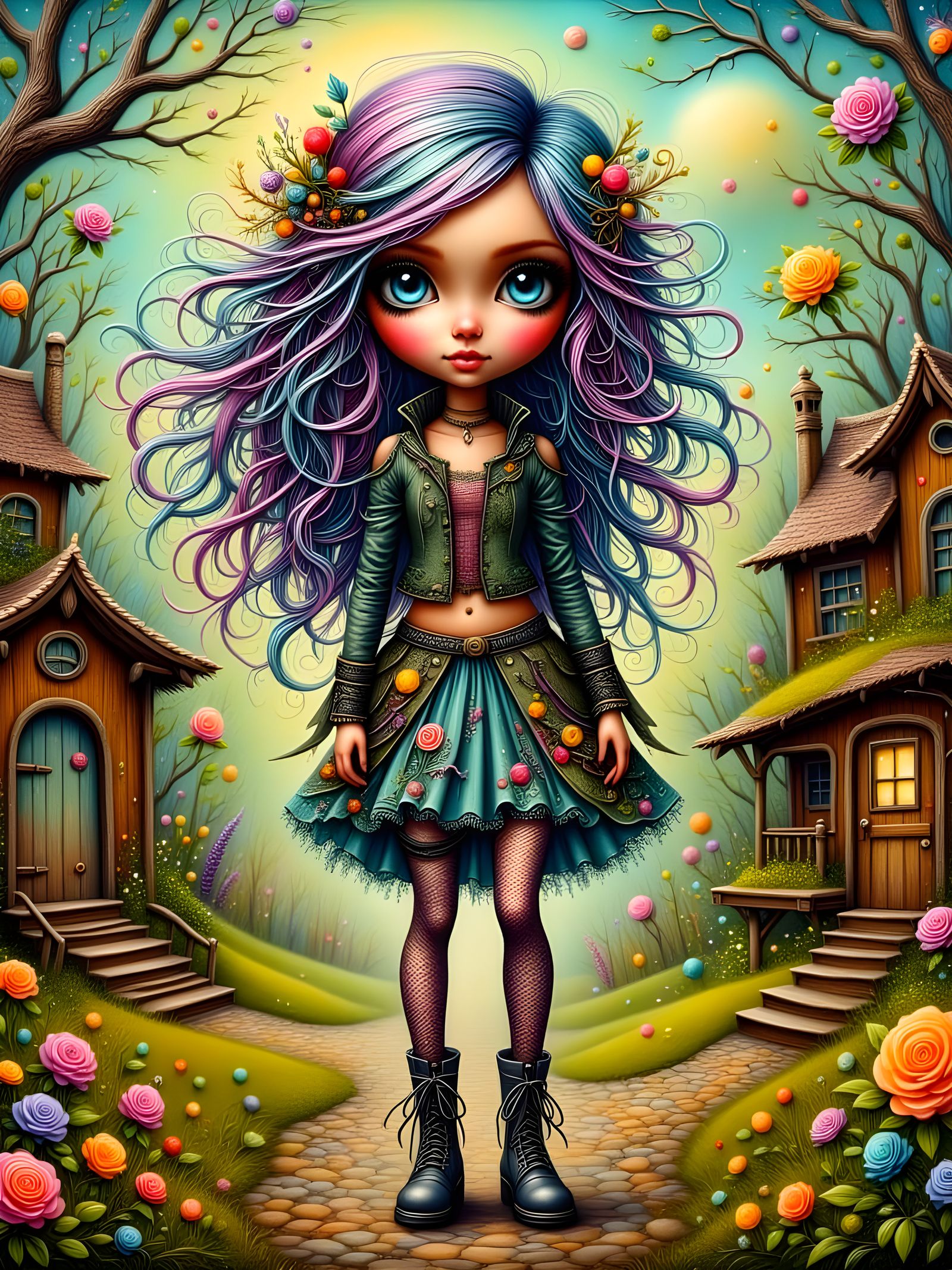 Vibrant Impasto Punk Fairy in Whimsical Cottage Setting