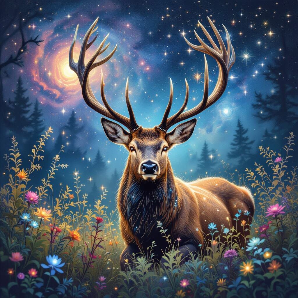 Constellation Stag in Nebula Clearing, Psychedelic Art