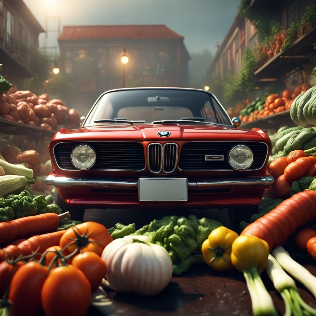 BMW Muscle Car Driving Through Food, 3D Render