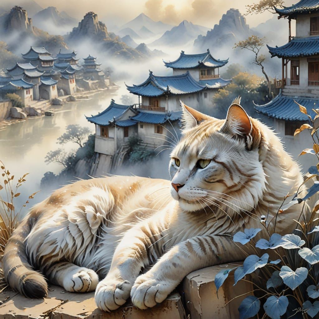 Village on Sleeping Cat in Chinese Watercolor Landscape