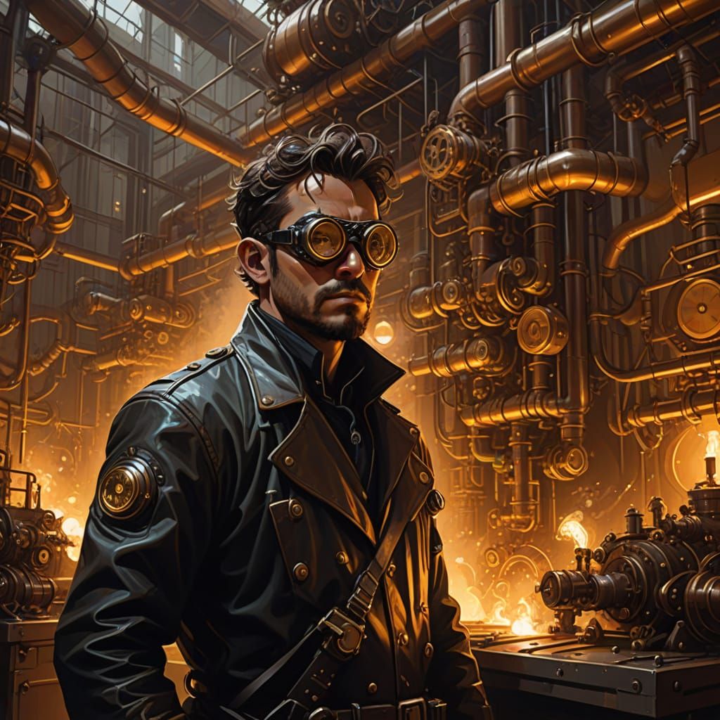 Steampunk Engineer Amidst Whirlwind of Gear Wheels