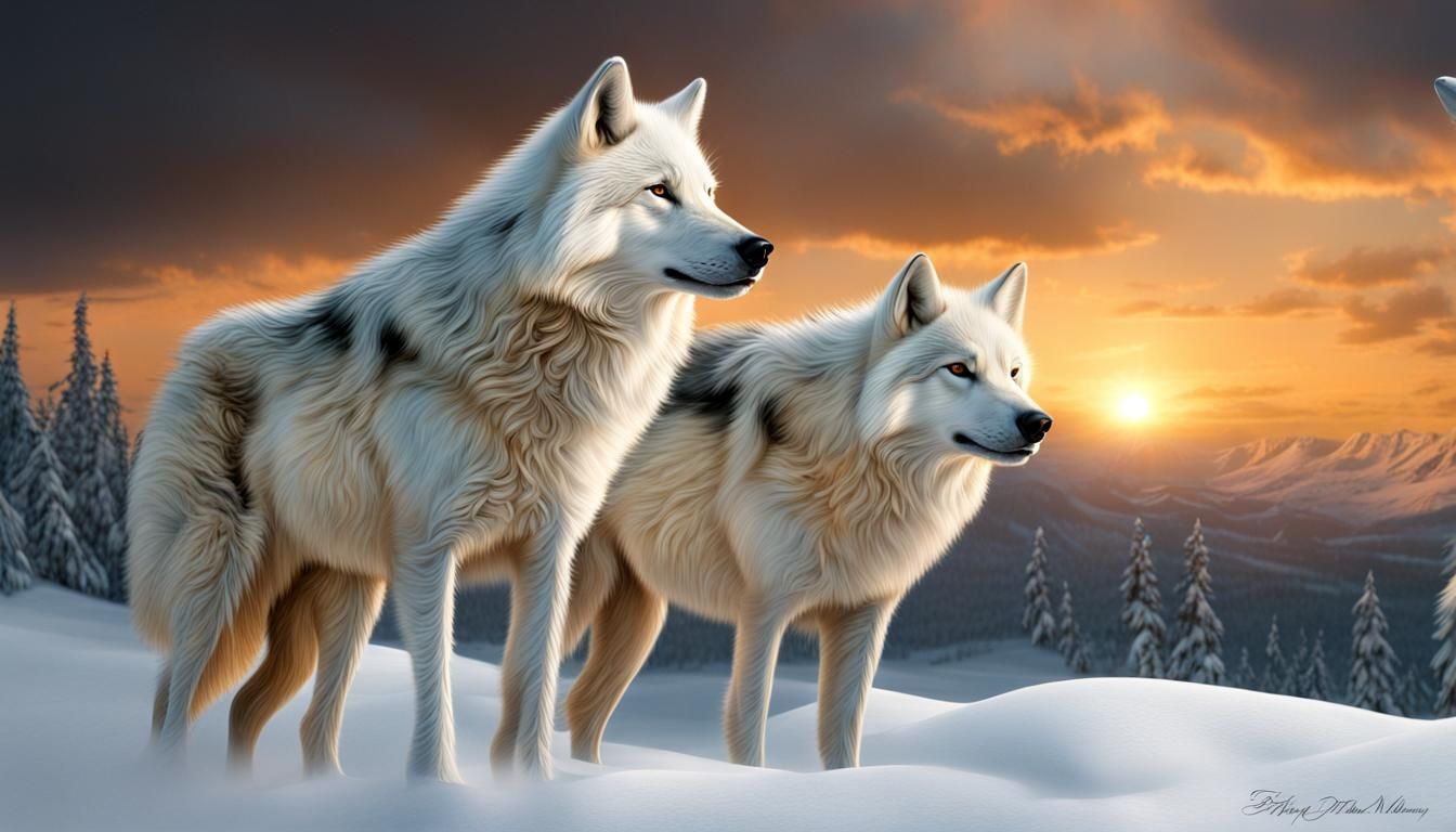 Snow Wolves in Canada at Sunset