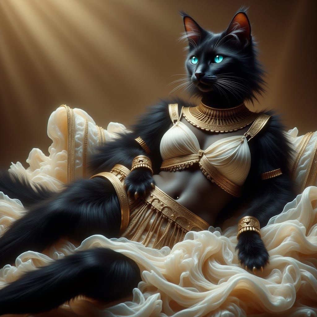 Ethereal Cleopatra Cat Reclines in Luxurious Gold Trim