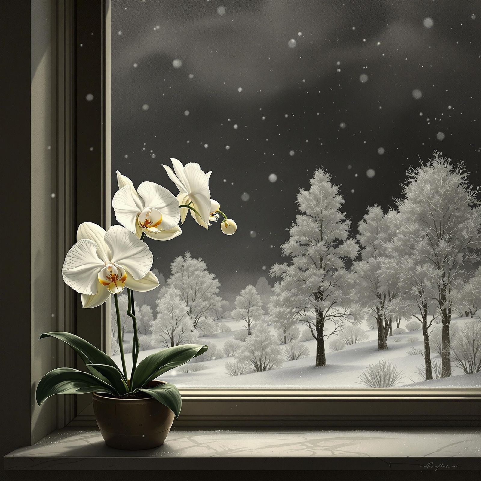 Snowy Winter Orchid On Window Sill in Elegant Botanical Styl...