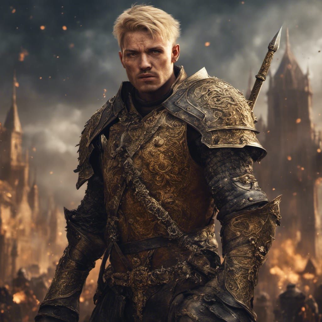 Medieval Mercenary with Gold Sword, Detailed Digital Art