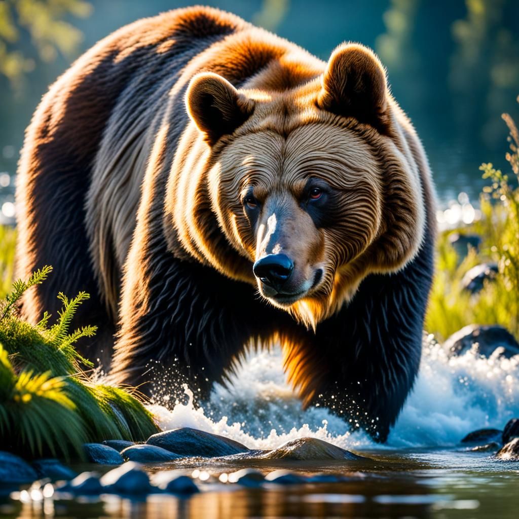 Bear Catching Salmon in River: Professional Photography