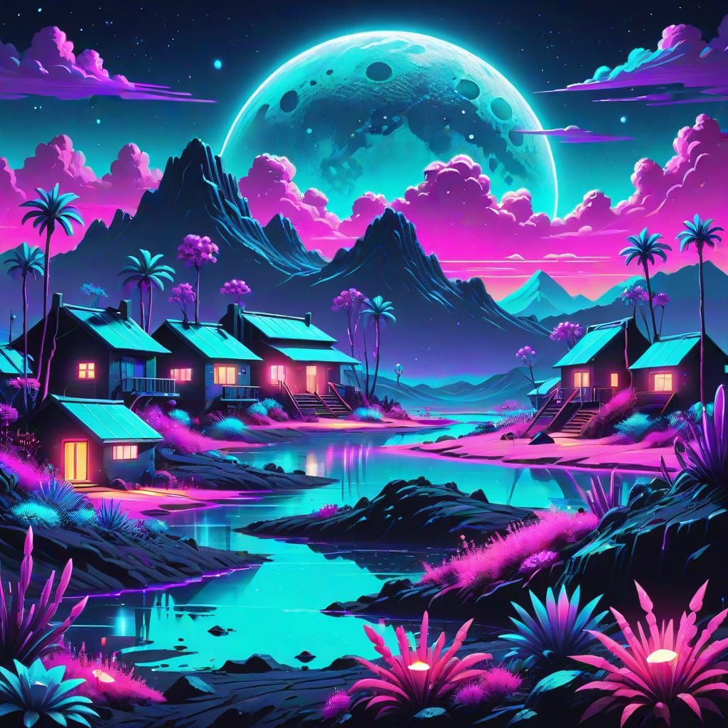 Synthwave Village on the Moon in Neon Light