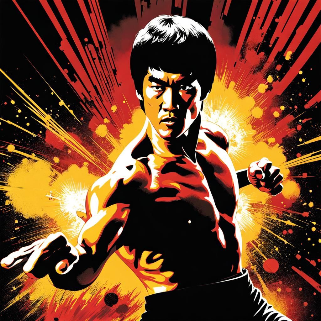 Bruce Lee Action Scene with Explosions in Graphic Style