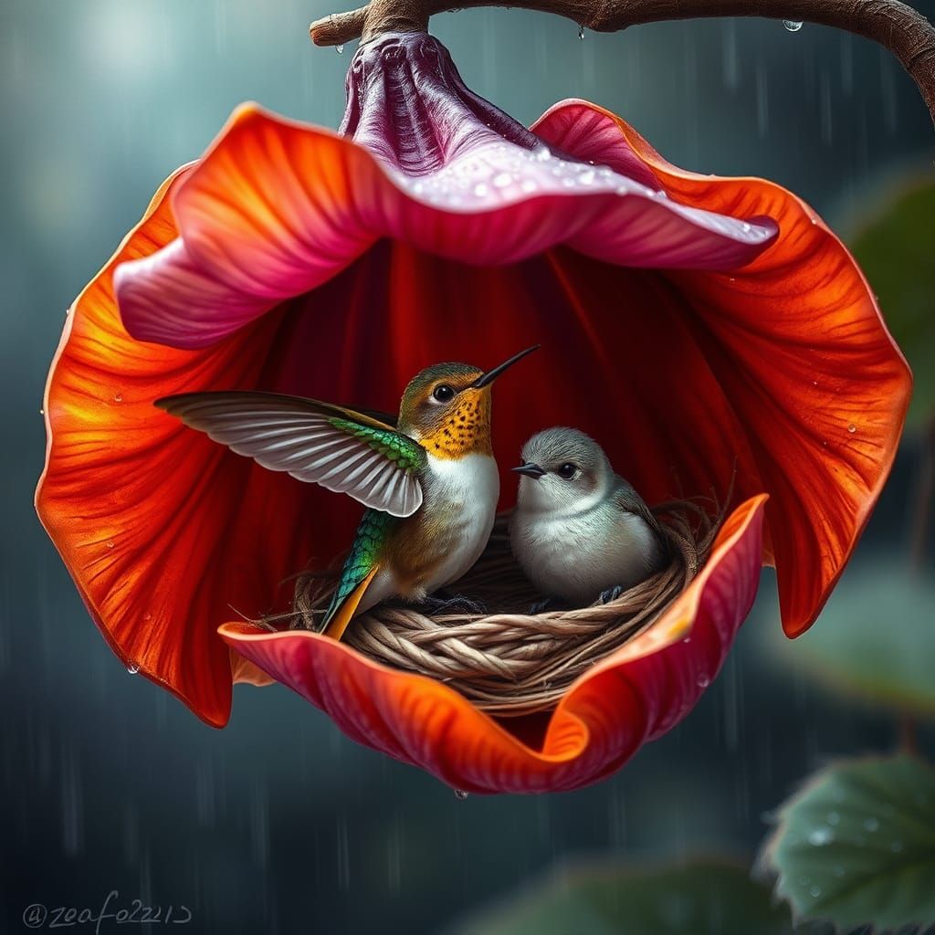 Exotic Flower Haven for Hummingbirds as Oil Painting
