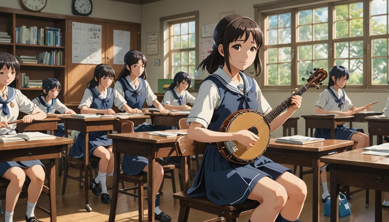 Anime Girl Plays Banjo in Classroom, Ghibli Style