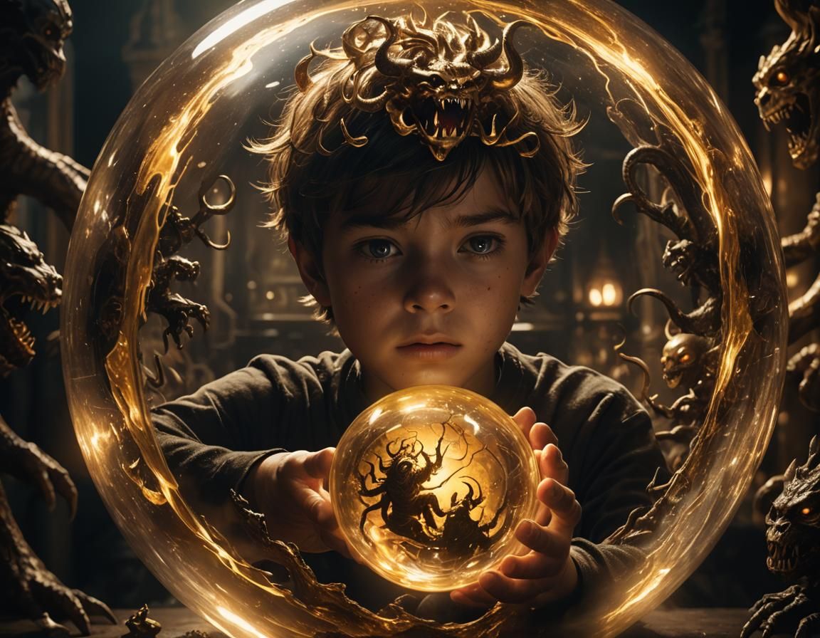 Boy in Orb: Dark Fantasy Portrait