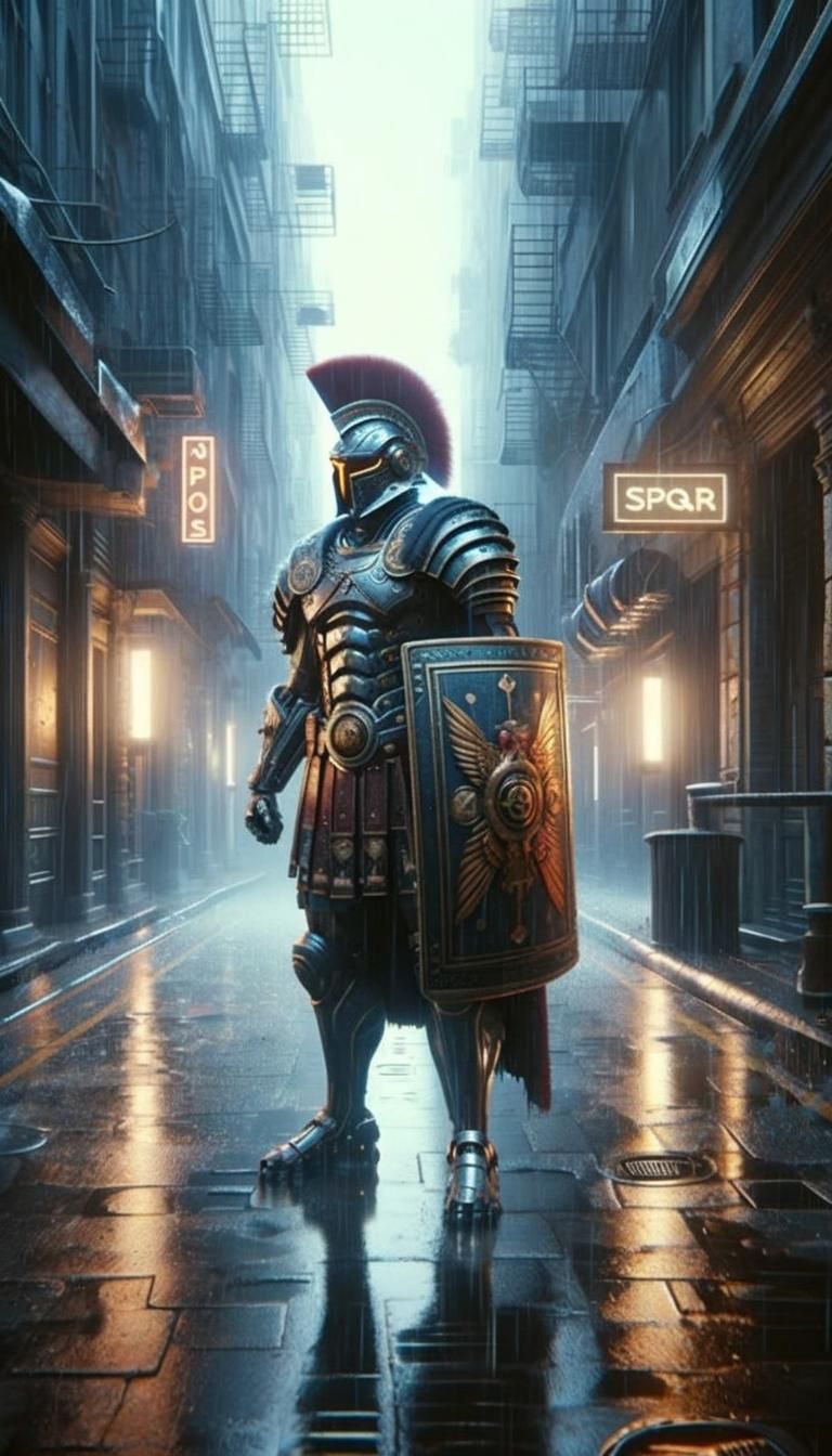 Futuristic Roman Soldier in Rainy Cyberpunk Alley