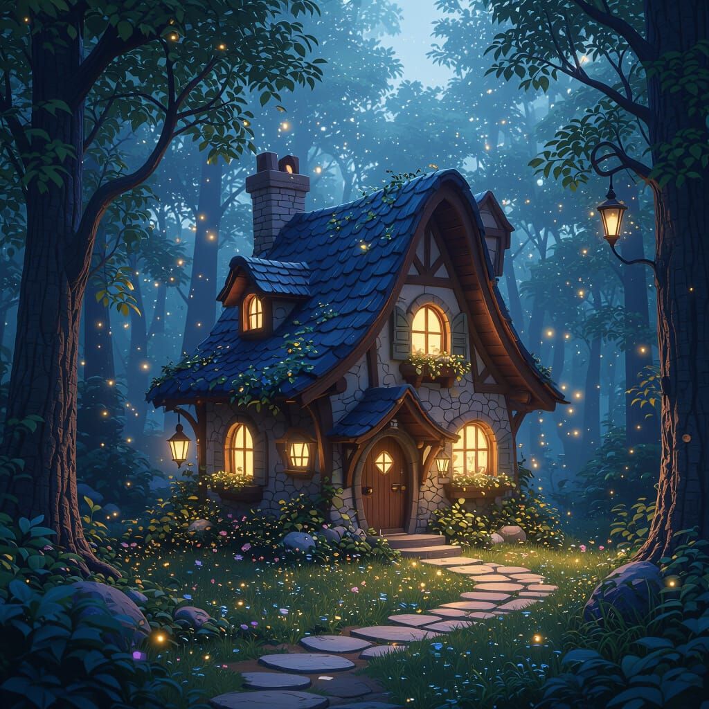 Magical Cottage in Enchanted Starlit Forest