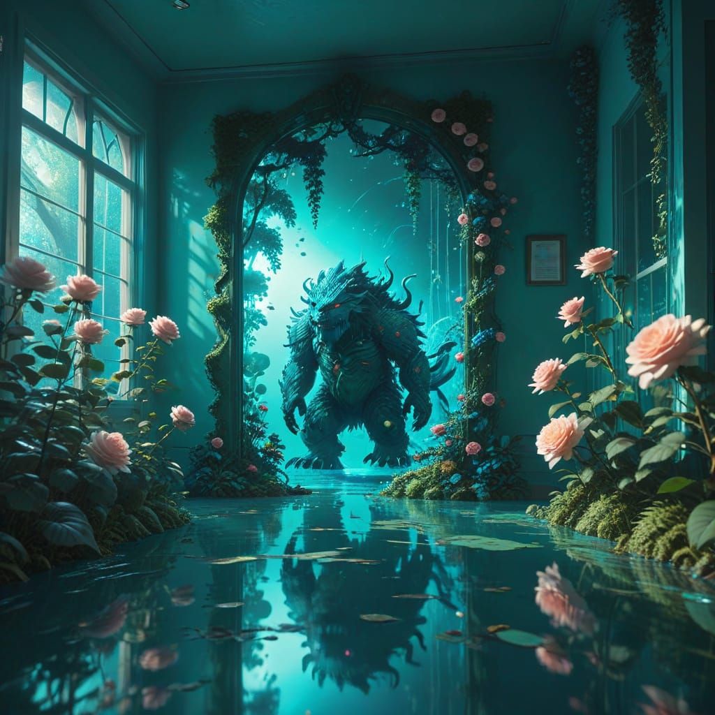 Monster in Rose Room with Teal Mirror, Ghibli-Inspired