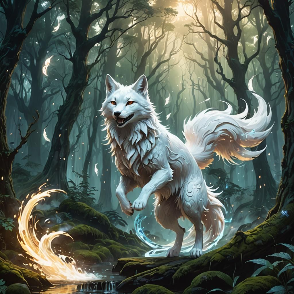 Mystical Kitsune Jumps in Dreamy Forest