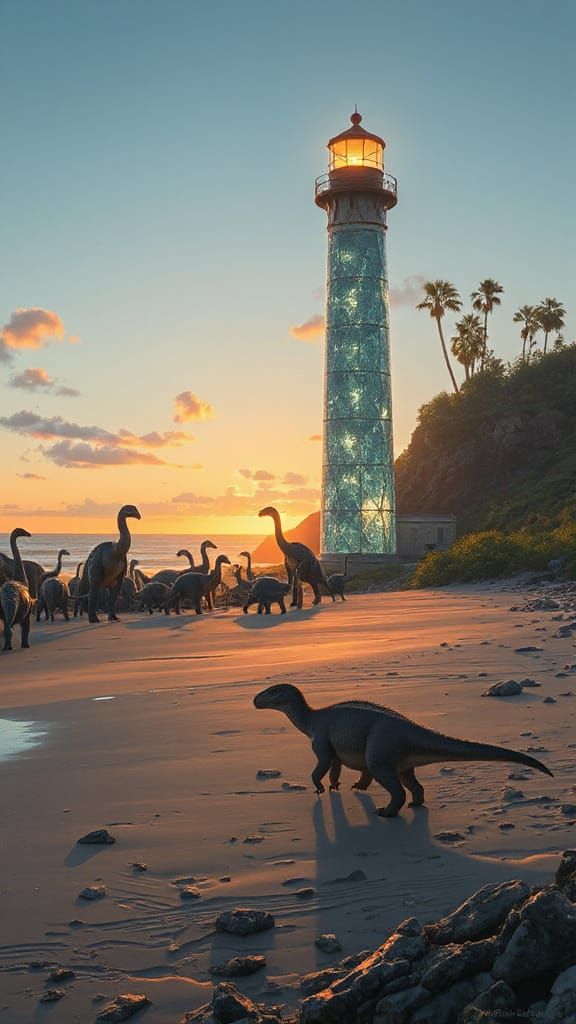 A crystal lighthouse stands tall on a Jurassic beach, illuminated by the setting sun. A herd of long-necked dinosaurs gr...