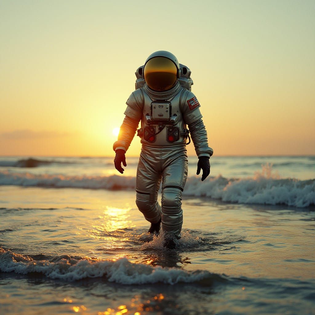 Astronaut Amidst Golden Sunset on Ocean