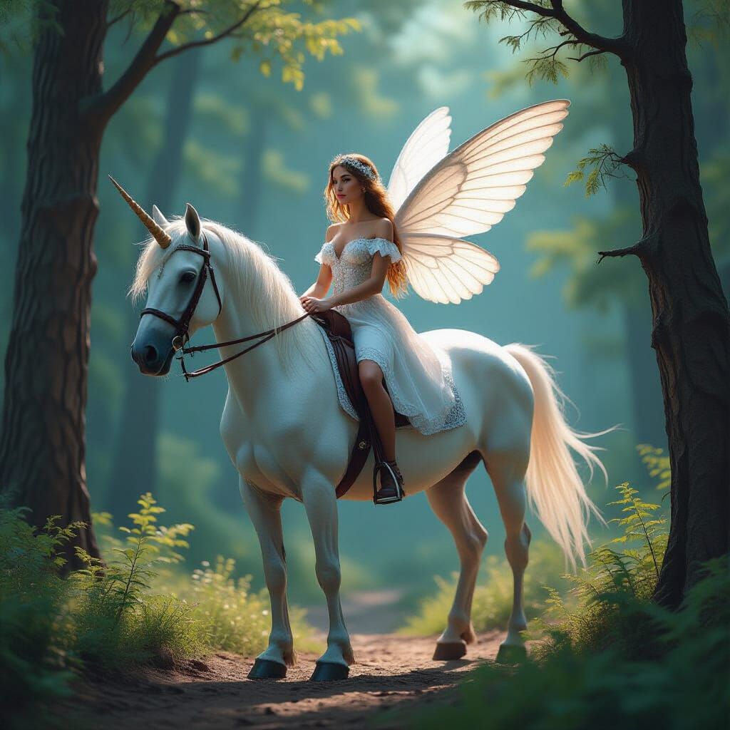 Fairy Woman on Unicorn in Hyperrealistic Style
