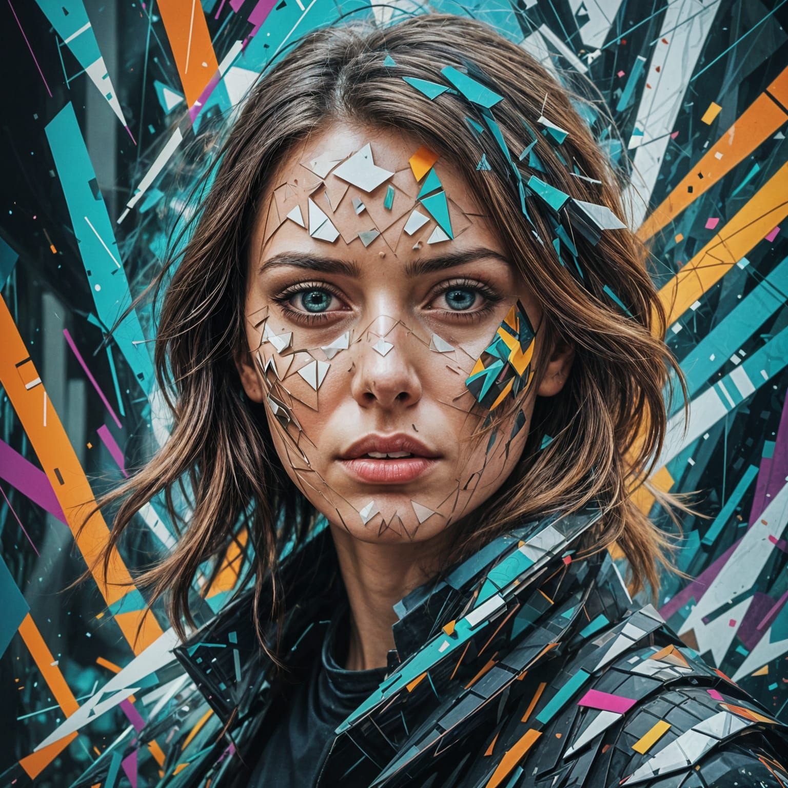 Fractured Face Portrait Revealing Digital World