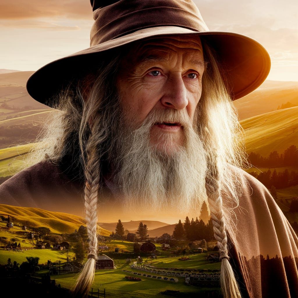 Gandalf's Wisdom Blends with Hobbiton's Golden Hour
