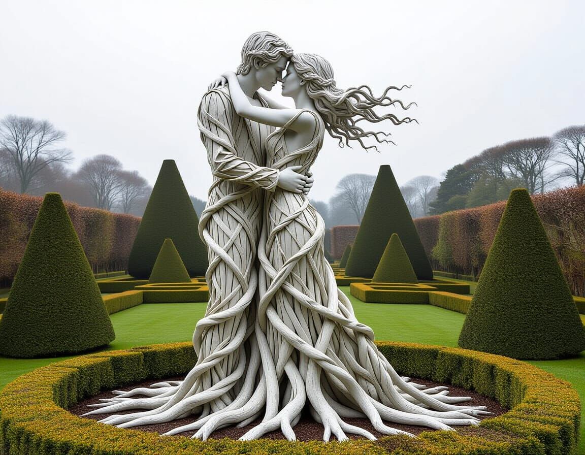 Surreal Sculpture of Embracing Couple in Topiary Garden