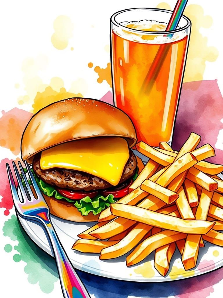 Cheeseburger, Fries, and Soda in Watercolor Splash Art