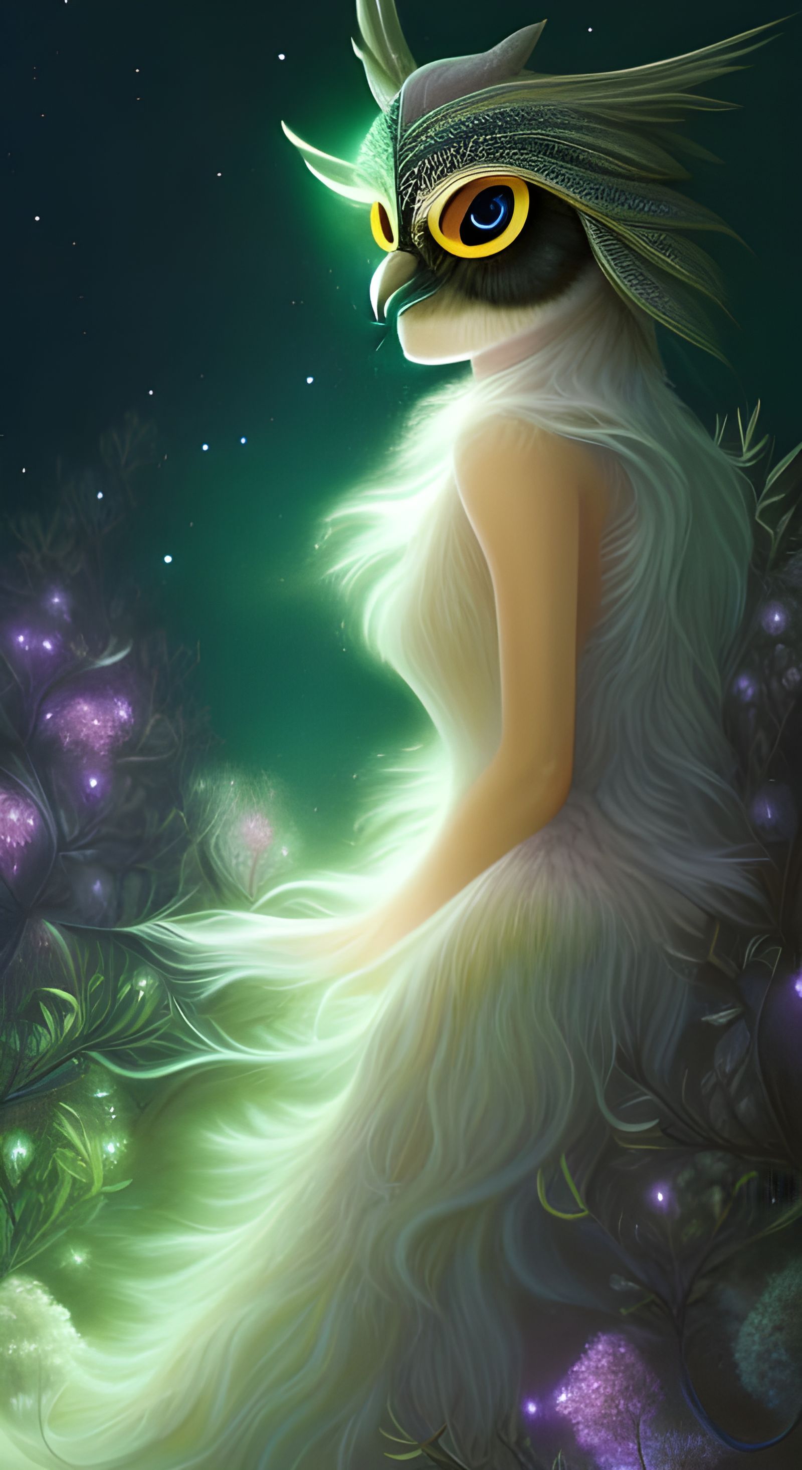 Ethereal Owl Girl Portrait in Detailed Forest
