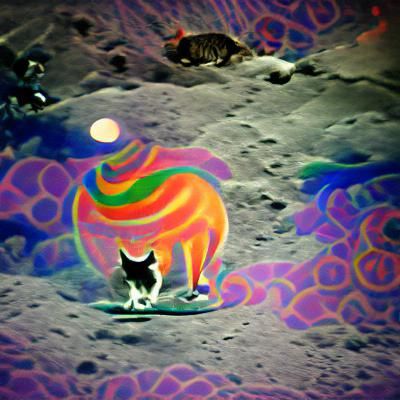 Psychedelic Cat on the Moon Art